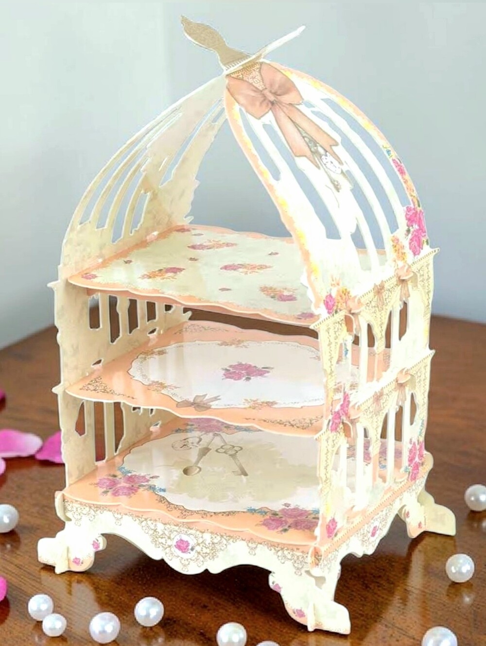 3-Tier White Peach Birdcage Display Stand NWT